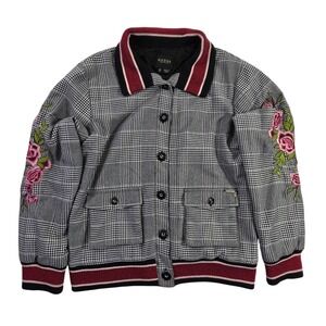 Guess Los Angeles Plaid Floral Embroidered Varsity Bomber Jacket Grey Pink 12